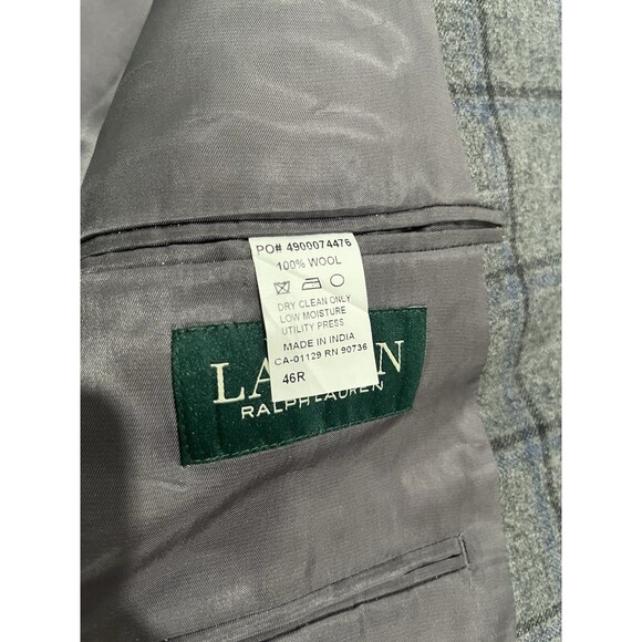 Lauren Ralph Lauren Men’s Wool Gray Windowpane Blazer Size 46R Elbow Patches - Picture 7 of 13